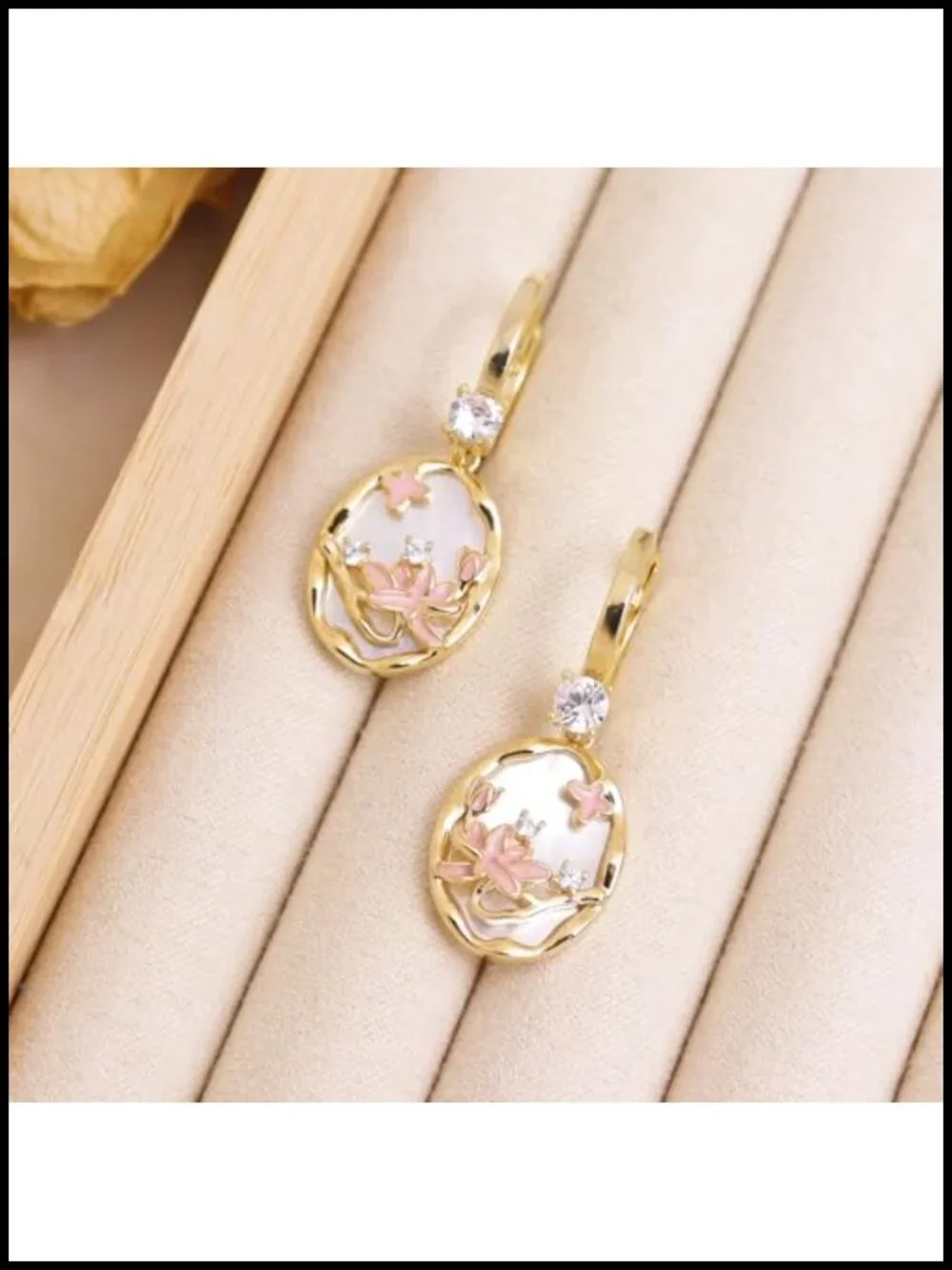 Gold Hoop Dangle Earrings with Mother of Pearl Lotus Flower CZ Rhinestone Drop
